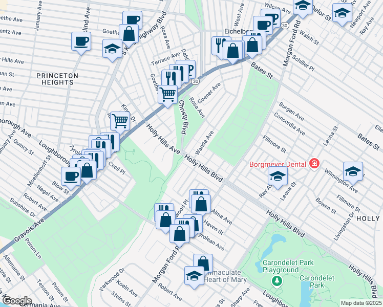 map of restaurants, bars, coffee shops, grocery stores, and more near 4391 Holly Hills Boulevard in St. Louis