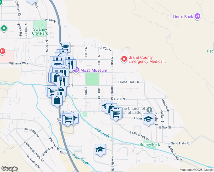 map of restaurants, bars, coffee shops, grocery stores, and more near 146 Fourth East Street in Moab