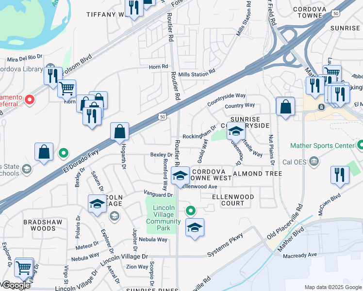 map of restaurants, bars, coffee shops, grocery stores, and more near 10126 Reba Court in Sacramento