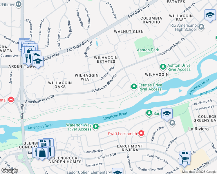 map of restaurants, bars, coffee shops, grocery stores, and more near 319 Claydon Way in Sacramento