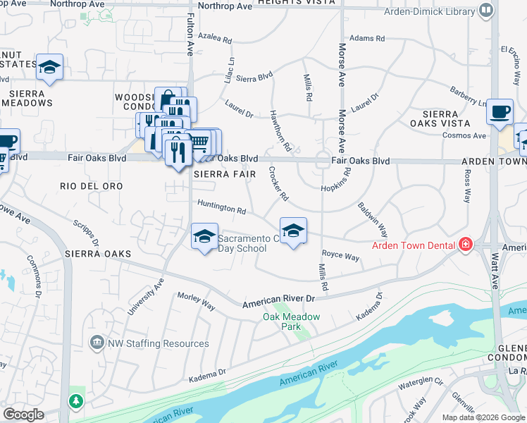 map of restaurants, bars, coffee shops, grocery stores, and more near 2751 Huntington Road in Sacramento