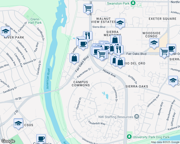 map of restaurants, bars, coffee shops, grocery stores, and more near 333 University Avenue in Sacramento