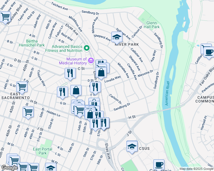map of restaurants, bars, coffee shops, grocery stores, and more near 5502 Carlson Drive in Sacramento