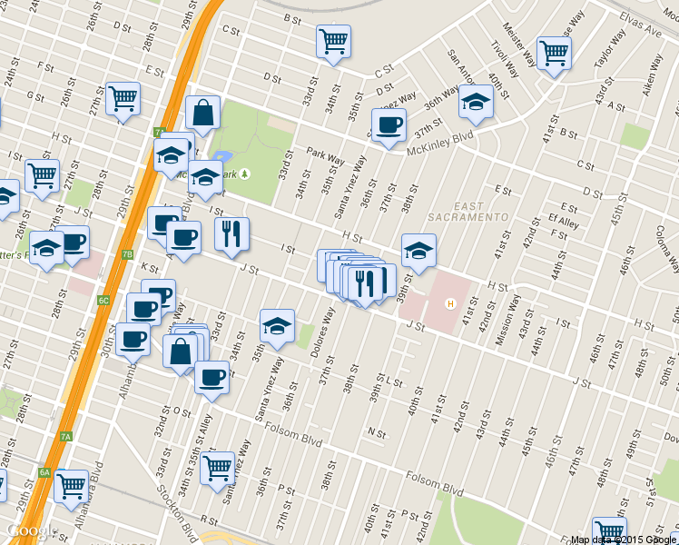 map of restaurants, bars, coffee shops, grocery stores, and more near 3571 J Street in Sacramento