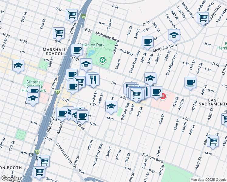 map of restaurants, bars, coffee shops, grocery stores, and more near 3504 J Street in Sacramento