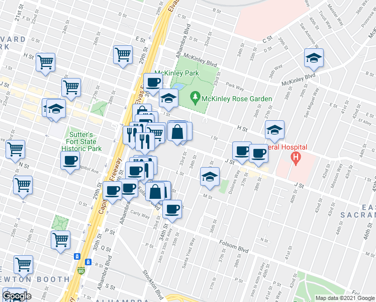 map of restaurants, bars, coffee shops, grocery stores, and more near 1103 33rd Street in Sacramento