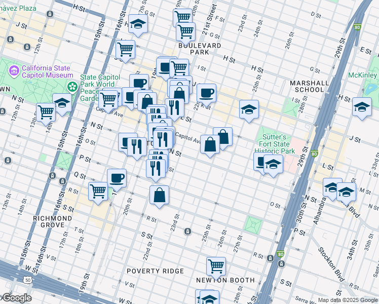 map of restaurants, bars, coffee shops, grocery stores, and more near 2204 N Street in Sacramento