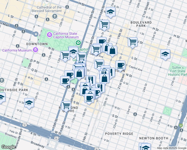 map of restaurants, bars, coffee shops, grocery stores, and more near 1801 P Street in Sacramento