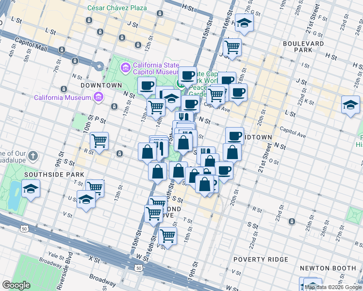 map of restaurants, bars, coffee shops, grocery stores, and more near 1609 16th Street in Sacramento