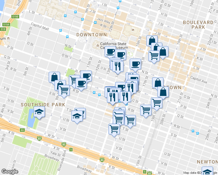 map of restaurants, bars, coffee shops, grocery stores, and more near 1400 Q Street in Sacramento