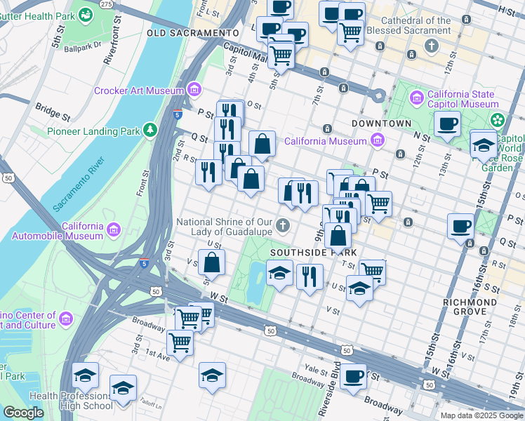 map of restaurants, bars, coffee shops, grocery stores, and more near 608 S Street in Sacramento