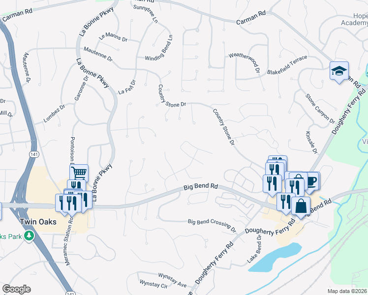 map of restaurants, bars, coffee shops, grocery stores, and more near 914 Woodside Village Lane in Ballwin