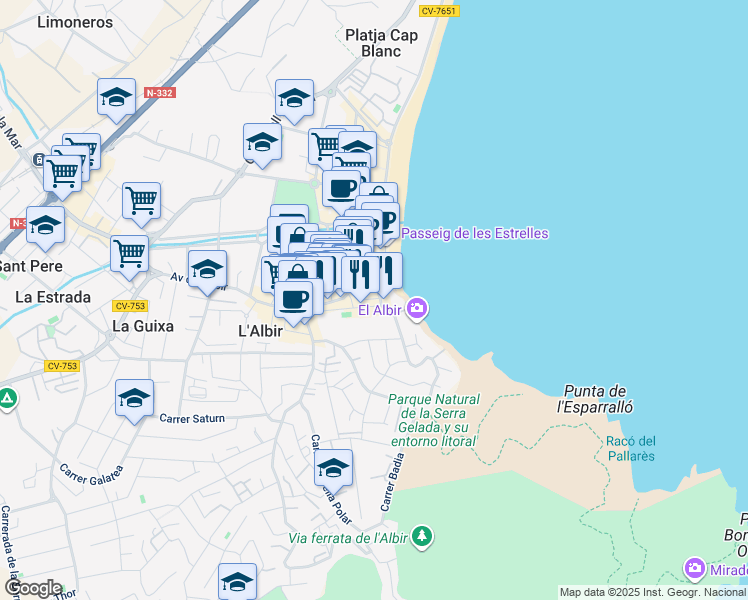 map of restaurants, bars, coffee shops, grocery stores, and more near 11 Carrer Andròmeda in l'Alfàs del Pi