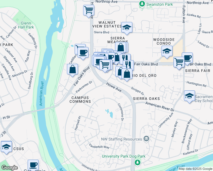 map of restaurants, bars, coffee shops, grocery stores, and more near 875 Commons Drive in Sacramento