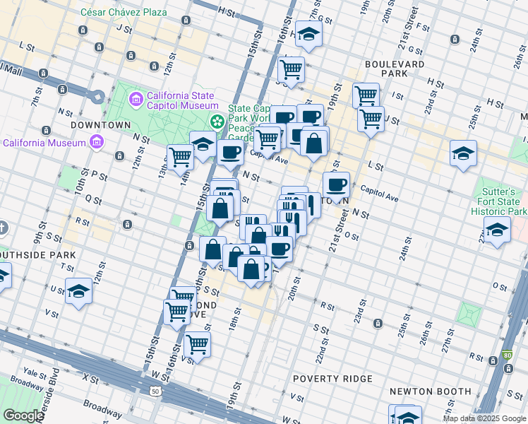 map of restaurants, bars, coffee shops, grocery stores, and more near 1801 P Street in Sacramento