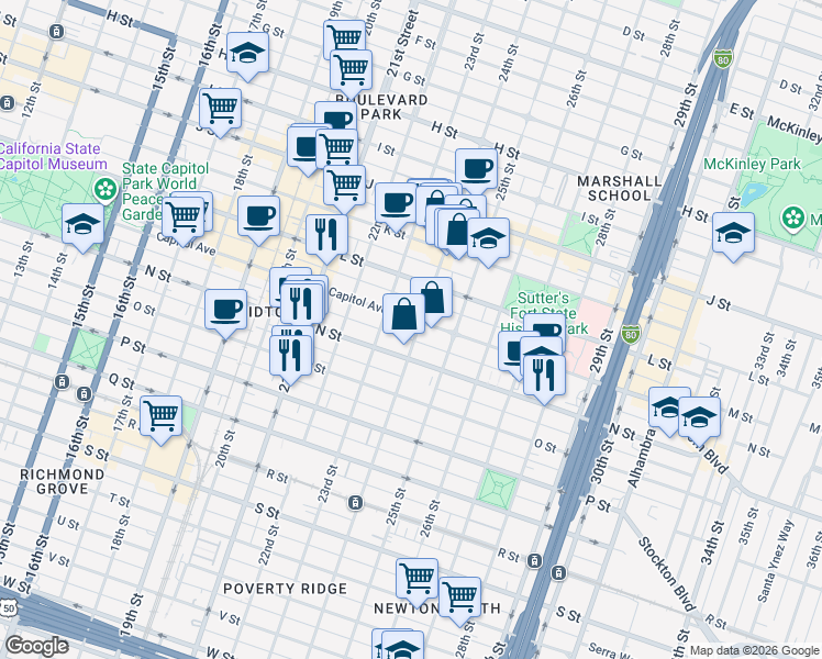 map of restaurants, bars, coffee shops, grocery stores, and more near 2330 Capitol Avenue in Sacramento