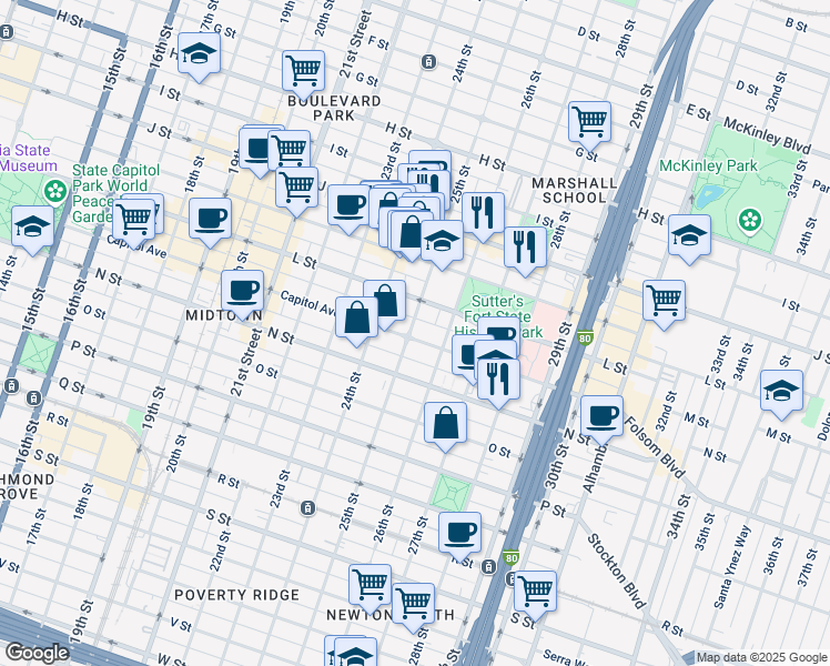 map of restaurants, bars, coffee shops, grocery stores, and more near 2507 Matsui Alley in Sacramento
