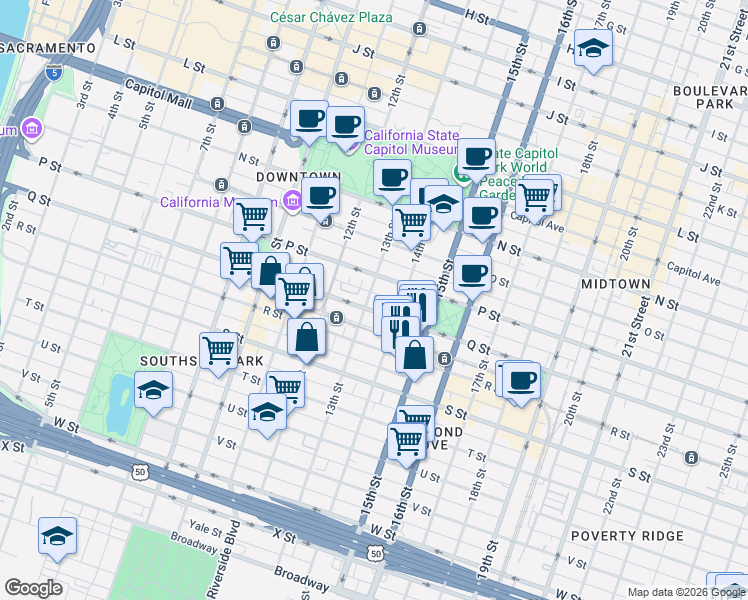 map of restaurants, bars, coffee shops, grocery stores, and more near 1627 13th Street in Sacramento