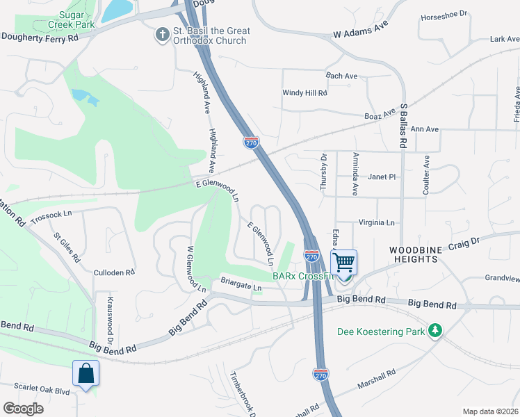 map of restaurants, bars, coffee shops, grocery stores, and more near 131 Thorncliff Lane in Kirkwood
