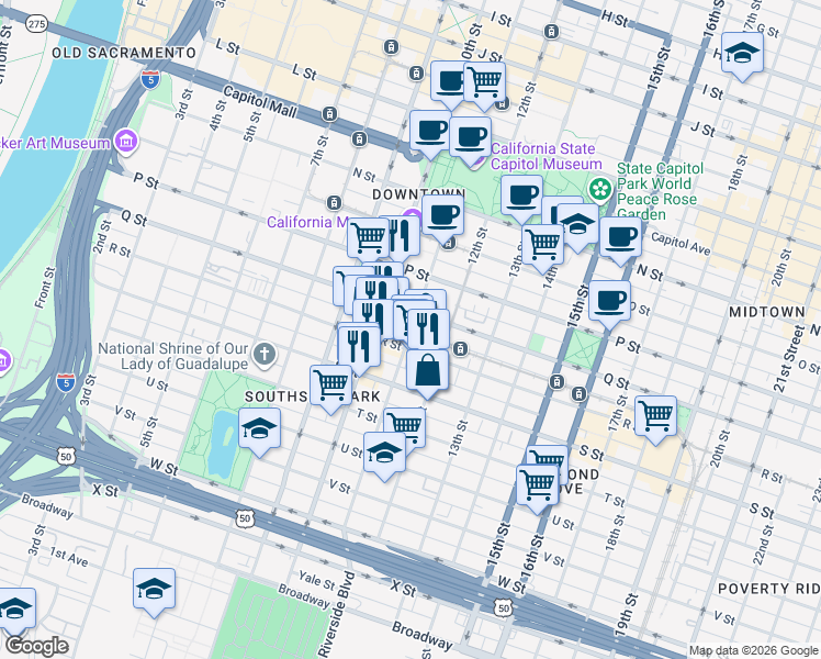 map of restaurants, bars, coffee shops, grocery stores, and more near 1726 11th Street in Sacramento