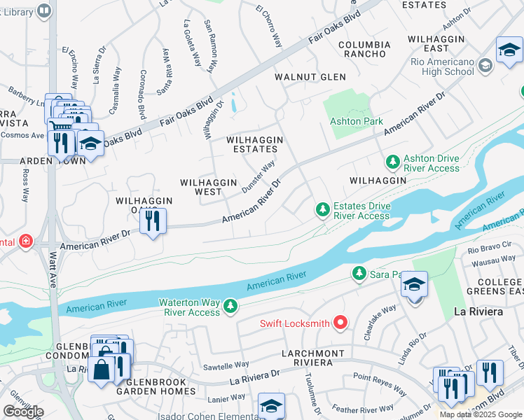 map of restaurants, bars, coffee shops, grocery stores, and more near 319 Claydon Way in Sacramento