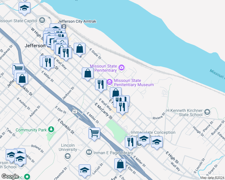 map of restaurants, bars, coffee shops, grocery stores, and more near 210 Cherry Street in Jefferson City