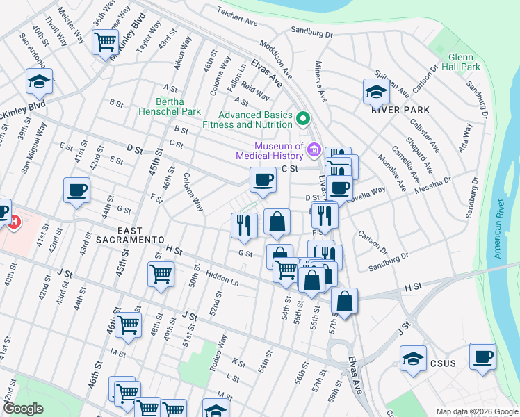map of restaurants, bars, coffee shops, grocery stores, and more near 5209 Sutter Park Way in Sacramento