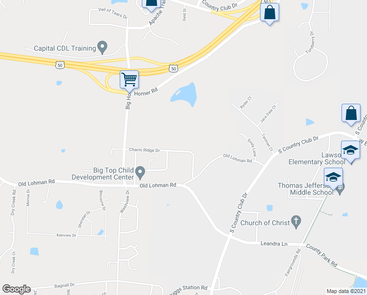 map of restaurants, bars, coffee shops, grocery stores, and more near 4918 Charm Ridge Drive in Jefferson City
