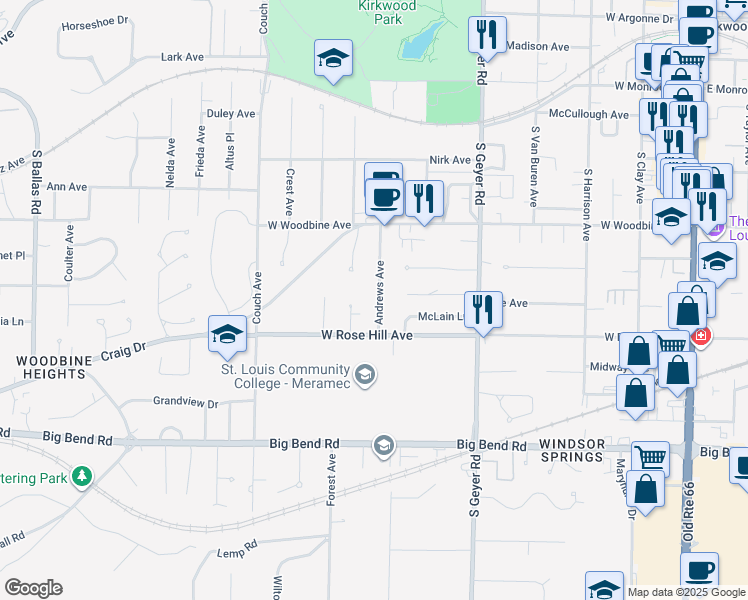 map of restaurants, bars, coffee shops, grocery stores, and more near 571 Andrews Avenue in Kirkwood