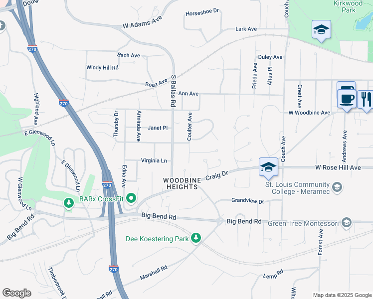 map of restaurants, bars, coffee shops, grocery stores, and more near 1603 Thursby Avenue in Kirkwood