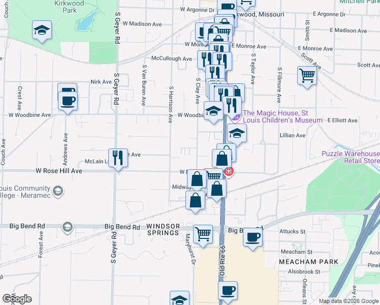 map of restaurants, bars, coffee shops, grocery stores, and more near 560 Fieldmount Drive in Saint Louis