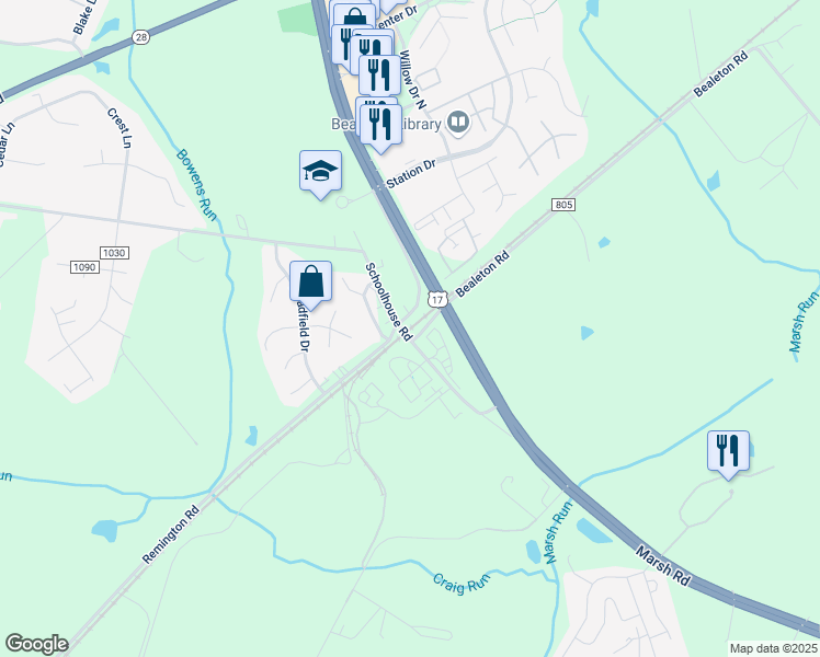 map of restaurants, bars, coffee shops, grocery stores, and more near in Bealeton