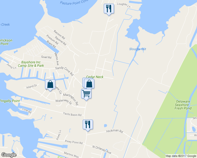 map of restaurants, bars, coffee shops, grocery stores, and more near 30226 Territory Trail in Ocean View