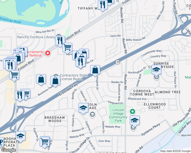 map of restaurants, bars, coffee shops, grocery stores, and more near 3222 Hogarth Drive in Sacramento