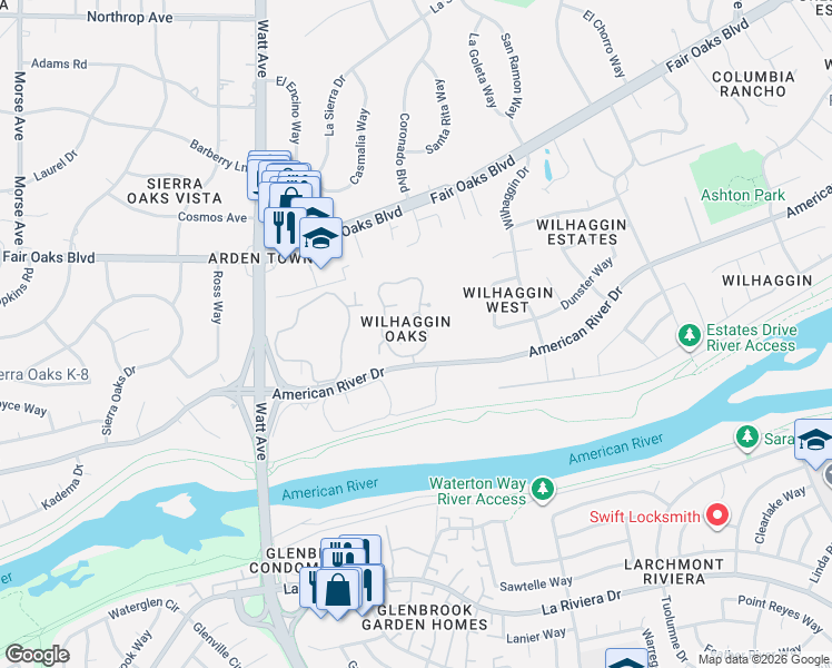 map of restaurants, bars, coffee shops, grocery stores, and more near 440 Wyndgate Road in Sacramento