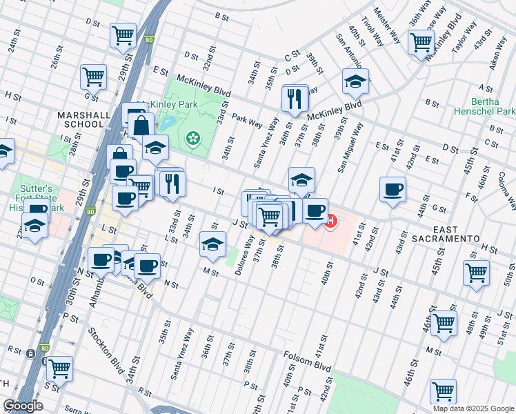 map of restaurants, bars, coffee shops, grocery stores, and more near 842 36th Street in Sacramento