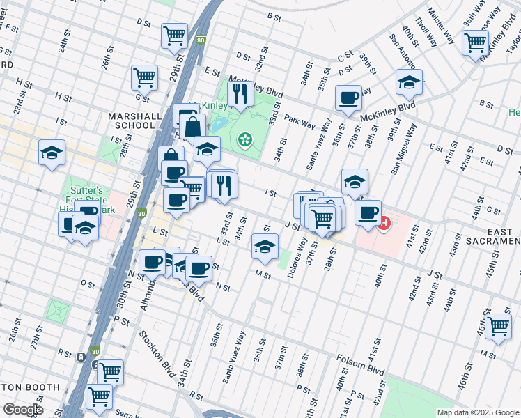 map of restaurants, bars, coffee shops, grocery stores, and more near 3400 I Street in Sacramento