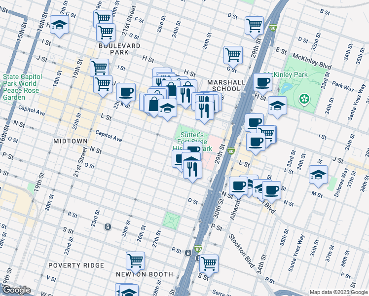 map of restaurants, bars, coffee shops, grocery stores, and more near 2701 L Street in Sacramento