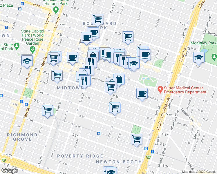 map of restaurants, bars, coffee shops, grocery stores, and more near 2223 Capitol Avenue in Sacramento