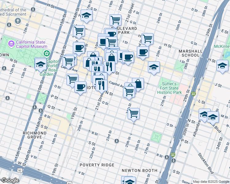 map of restaurants, bars, coffee shops, grocery stores, and more near 2150 Capitol Avenue in Sacramento