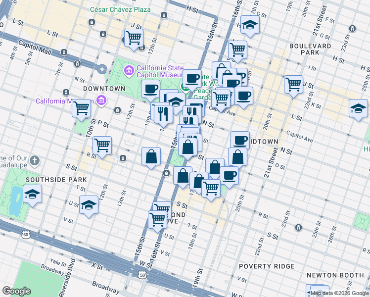 map of restaurants, bars, coffee shops, grocery stores, and more near 1520 16th Street in Sacramento
