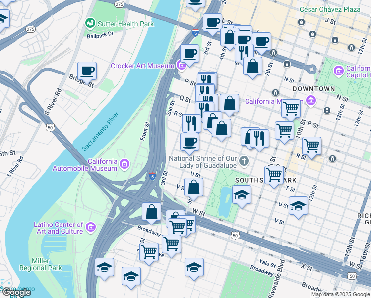 map of restaurants, bars, coffee shops, grocery stores, and more near 360 S Street in Sacramento