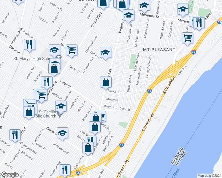 map of restaurants, bars, coffee shops, grocery stores, and more near 3512 Pulaski Street in St. Louis