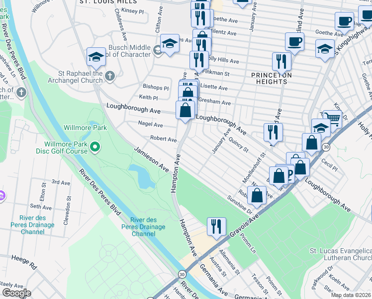 map of restaurants, bars, coffee shops, grocery stores, and more near 5460 Nagel Avenue in St. Louis