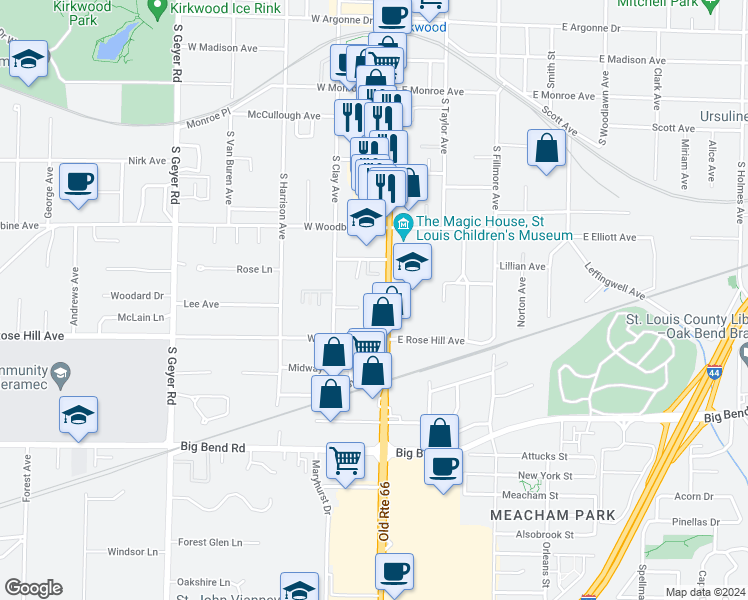 map of restaurants, bars, coffee shops, grocery stores, and more near 613 South Kirkwood Road in Kirkwood