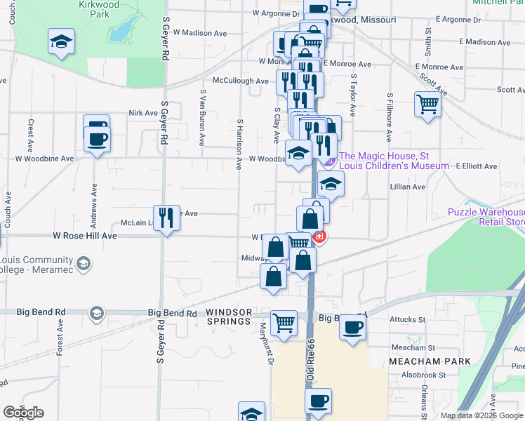 map of restaurants, bars, coffee shops, grocery stores, and more near 545 South Clay Avenue in Kirkwood