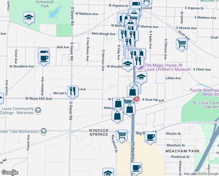 map of restaurants, bars, coffee shops, grocery stores, and more near 545 South Clay Avenue in Kirkwood