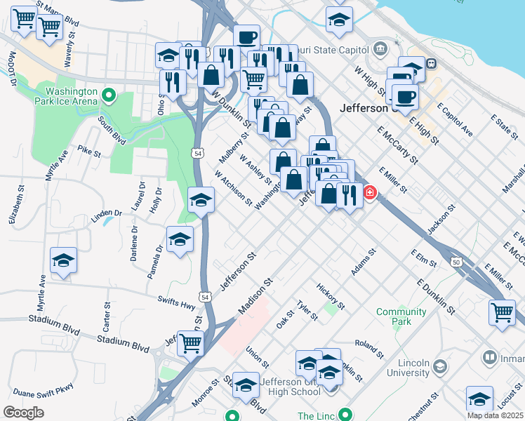 map of restaurants, bars, coffee shops, grocery stores, and more near 214 West Atchison Street in Jefferson City