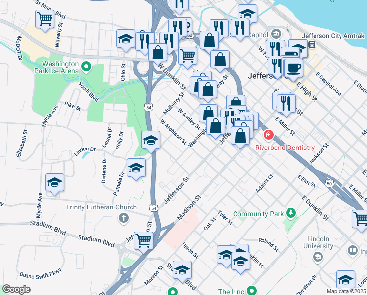 map of restaurants, bars, coffee shops, grocery stores, and more near 214 West Atchison Street in Jefferson City