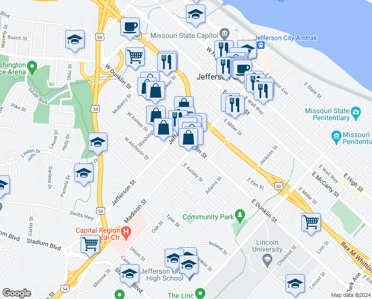 map of restaurants, bars, coffee shops, grocery stores, and more near 704 Madison Street in Jefferson City